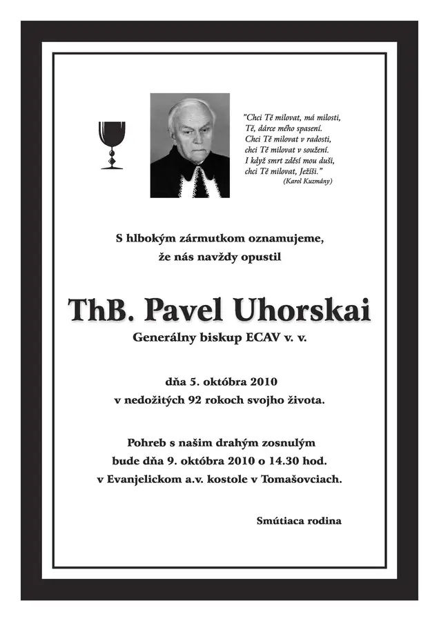 Condolence to the decease of the emeritus bishop Pavel Uhorskai